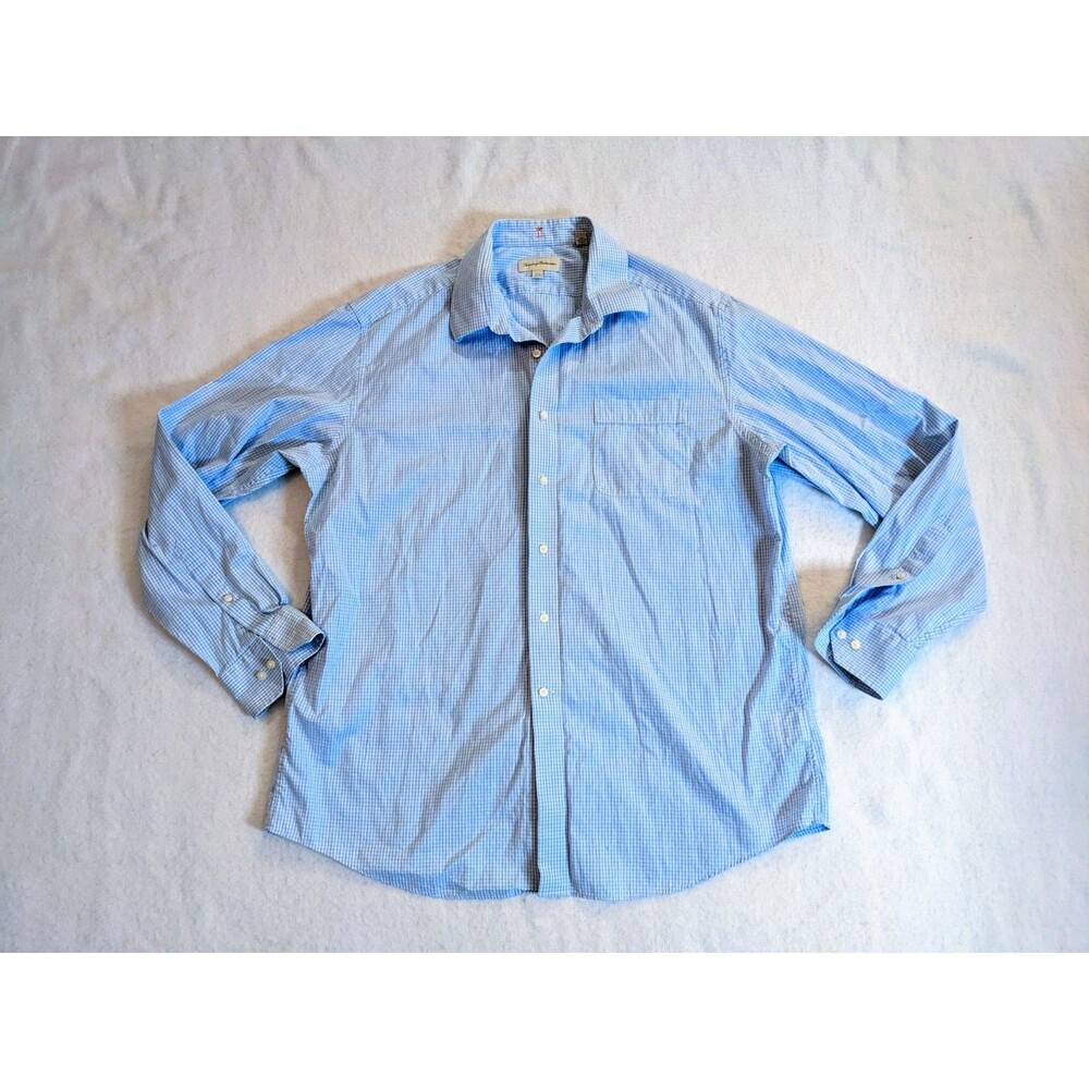 Tommy Bahama Plaid Shirt Mens Size 17.5 36/37 Blue & White Long Sleeve Casual